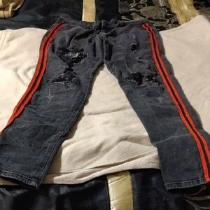 Men's Distressed Jeans with Red Stripe
